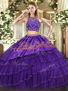 Modern Sleeveless Tulle Floor Length Zipper Sweet 16 Quinceanera Dress in Purple with Beading and Embroidery and Ruffled Layers