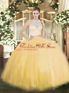 Fashion Gold Two Pieces Tulle Scoop Sleeveless Lace Floor Length Zipper 15 Quinceanera Dress
