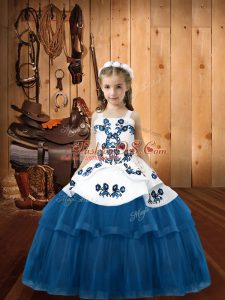 Ball Gowns Custom Made Pageant Dress Blue Straps Tulle Sleeveless Floor Length Lace Up