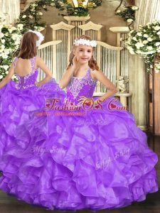 Lavender Little Girls Pageant Dress Party and Quinceanera with Beading and Ruffles V-neck Sleeveless Lace Up