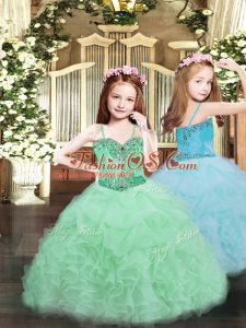 Perfect Apple Green Lace Up Pageant Gowns For Girls Beading and Ruffles and Pick Ups Sleeveless Floor Length