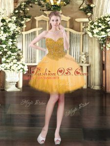 Gold Ball Gowns Tulle Sweetheart Sleeveless Beading Mini Length Lace Up Evening Dress