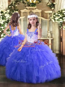 Trendy Floor Length Blue Pageant Dress for Womens Tulle Sleeveless Beading and Ruffles