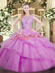 Perfect Lilac Ball Gowns Scoop Sleeveless Organza Floor Length Backless Lace and Ruffled Layers Quinceanera Gown
