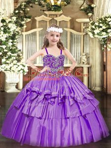 Sleeveless Floor Length Beading and Ruffled Layers Lace Up Pageant Gowns For Girls with Lavender