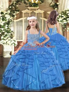 Tulle Straps Sleeveless Lace Up Beading and Ruffles Kids Pageant Dress in Baby Blue
