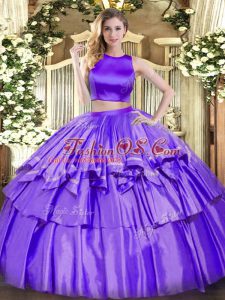 Purple High-neck Criss Cross Ruffled Layers 15th Birthday Dress Sleeveless