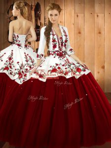 Embroidery 15 Quinceanera Dress Wine Red Lace Up Sleeveless Floor Length