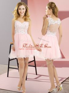 Fabulous Baby Pink Lace Up V-neck Beading and Lace Bridesmaid Dresses Tulle Sleeveless