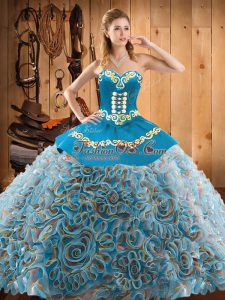 Sweet Multi-color Satin and Fabric With Rolling Flowers Lace Up Sweetheart Sleeveless With Train Ball Gown Prom Dress Sweep Train Embroidery