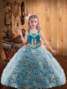 Multi-color Fabric With Rolling Flowers Lace Up Straps Sleeveless Floor Length Little Girls Pageant Dress Embroidery and Ruffles