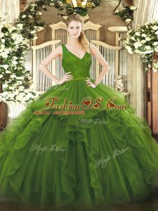Olive Green Ball Gowns V-neck Sleeveless Organza Floor Length Backless Beading and Lace and Ruffles Quinceanera Gowns