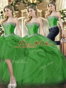 Sweetheart Sleeveless Organza 15 Quinceanera Dress Beading and Ruffles Lace Up