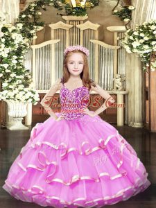Inexpensive Beading and Ruffled Layers Pageant Gowns For Girls Lilac Lace Up Sleeveless Floor Length