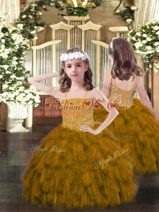 Floor Length Lace Up Pageant Gowns For Girls Brown for Party and Quinceanera with Beading and Ruffles