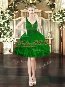 Extravagant Dark Green Ball Gowns V-neck Sleeveless Tulle Mini Length Lace Up Beading and Ruffles Dress for Prom
