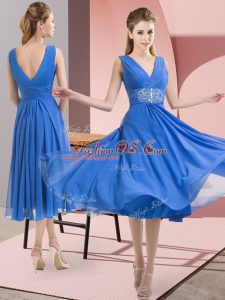 Simple Baby Blue Empire Chiffon V-neck Sleeveless Beading Knee Length Side Zipper Bridesmaid Dresses