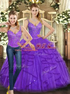 Super Sleeveless Floor Length Beading and Ruffles Lace Up 15 Quinceanera Dress with Purple