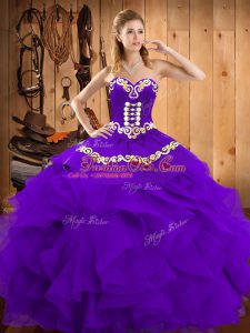 Sleeveless Floor Length Embroidery and Ruffles Lace Up Quinceanera Dresses with Purple