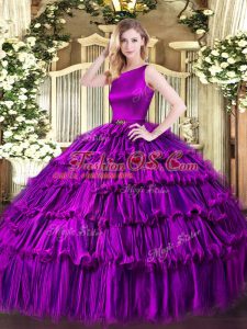 Eggplant Purple Organza Clasp Handle Quince Ball Gowns Sleeveless Floor Length Ruffled Layers