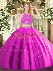 Fashionable Fuchsia Two Pieces Tulle Scoop Sleeveless Beading Floor Length Zipper Quinceanera Dresses
