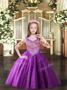 Lilac Ball Gowns Beading Little Girls Pageant Dress Lace Up Tulle Sleeveless Floor Length
