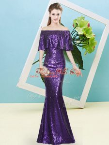 Unique Floor Length Purple Prom Dress Sequined Half Sleeves Sequins