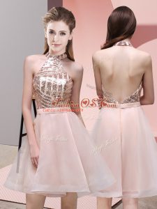 On Sale Baby Pink Bridesmaid Dresses Prom and Party and Wedding Party with Sequins Halter Top Sleeveless Backless