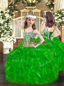 Enchanting Floor Length Lace Up Little Girl Pageant Gowns Green for Party and Quinceanera with Appliques and Ruffles