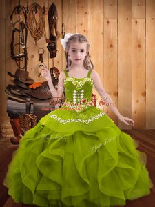 Olive Green Sleeveless Embroidery and Ruffles Floor Length Girls Pageant Dresses