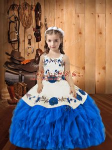 Sleeveless Beading and Ruffles Lace Up Girls Pageant Dresses with Blue