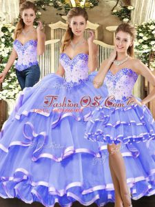 Floor Length Lavender Sweet 16 Dresses Tulle Sleeveless Beading and Ruffled Layers