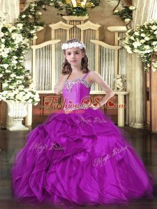 Fuchsia Winning Pageant Gowns Party and Quinceanera and Wedding Party with Beading and Ruffles Straps Sleeveless Lace Up