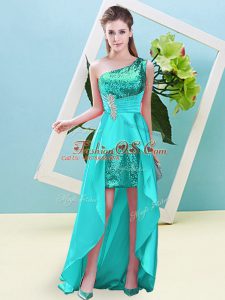 Sophisticated Aqua Blue Lace Up Prom Evening Gown Beading and Sequins Sleeveless High Low
