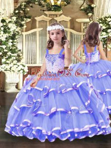 High End Lavender Straps Neckline Beading and Ruffled Layers Kids Formal Wear Sleeveless Lace Up