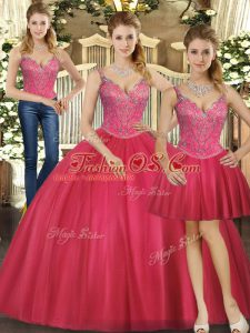 Hot Pink Straps Neckline Beading 15 Quinceanera Dress Sleeveless Lace Up