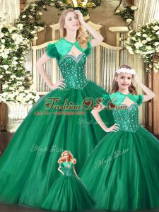 Green Ball Gowns Beading Quinceanera Gowns Lace Up Tulle Sleeveless Floor Length