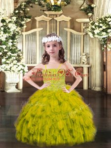 Fashion Olive Green Sleeveless Beading and Ruffles Floor Length Evening Gowns