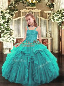 Teal Sleeveless Beading and Ruffles Floor Length Pageant Dress for Womens