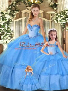 Stunning Baby Blue Lace Up Quinceanera Dress Beading and Ruffled Layers Sleeveless Floor Length