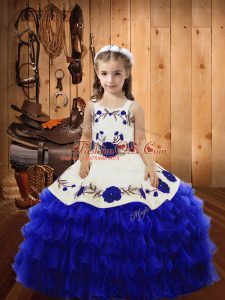 Floor Length Royal Blue Little Girls Pageant Dress Organza Sleeveless Embroidery and Ruffled Layers