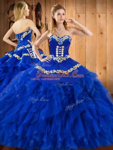 Embroidery and Ruffles Quinceanera Dress Blue Lace Up Sleeveless Floor Length