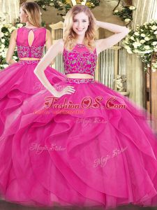 Floor Length Hot Pink Quinceanera Dress Scoop Sleeveless Zipper