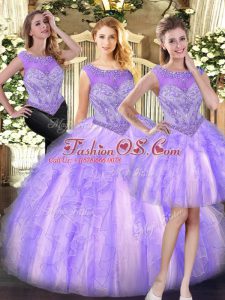Colorful Scoop Sleeveless Quinceanera Gown Floor Length Beading and Ruffles Lilac Tulle
