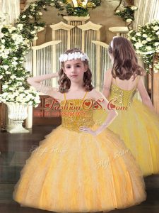 Floor Length Orange Little Girls Pageant Dress Wholesale Organza Sleeveless Beading and Ruffles