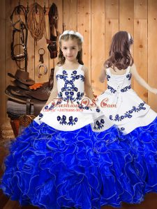 Royal Blue Ball Gowns Straps Sleeveless Organza Floor Length Lace Up Embroidery and Ruffles Pageant Gowns For Girls