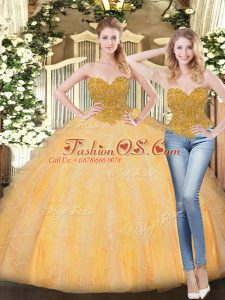 Extravagant Gold Ball Gowns Sweetheart Sleeveless Tulle Floor Length Zipper Beading and Ruffles Quinceanera Gown