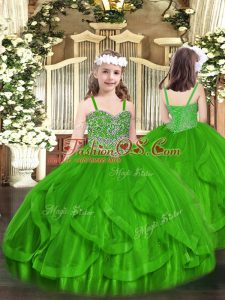 Green Lace Up Evening Gowns Beading and Ruffles Sleeveless Floor Length