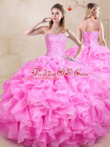 Rose Pink Sweetheart Lace Up Beading and Ruffles 15 Quinceanera Dress Sleeveless