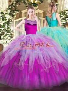 Stylish Sleeveless Organza Floor Length Zipper 15 Quinceanera Dress in Multi-color with Beading and Ruffles